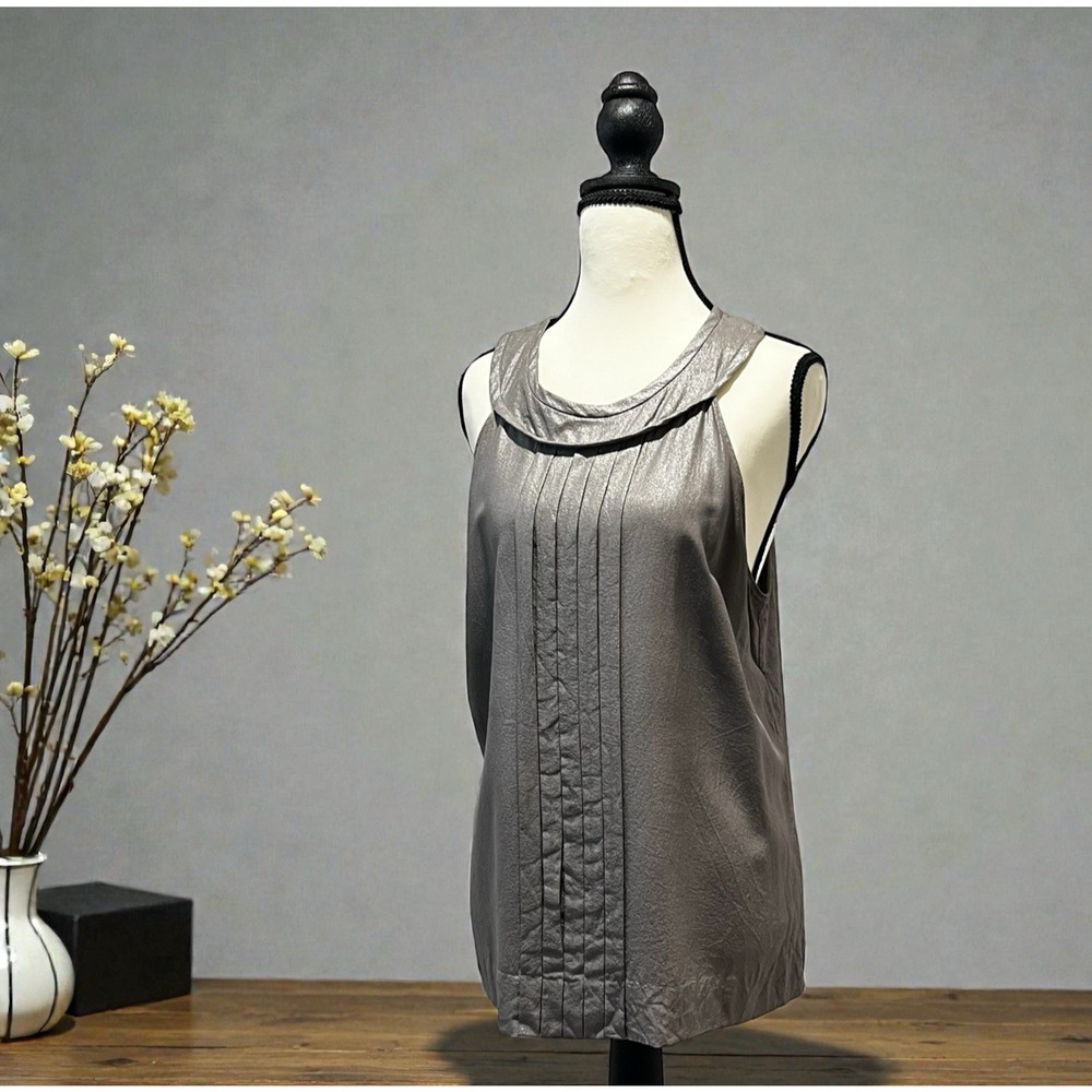 J. Crew Top Silk Metallic Women's 10 Taupe Silver Blouse Sleeveless High Neck